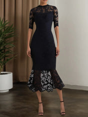 Cocktail Dress Black Crew Neck Midi Lace Dress