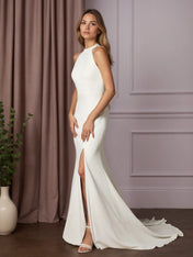 White Sheath Bow Stretch Crepe Wedding Dress
