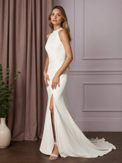 White Sheath Bow Stretch Crepe Wedding Dress
