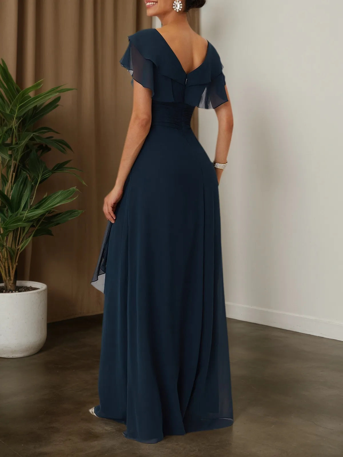 Purplish blue Ruffled Rhinestones Chiffon V Neck Short Sleeve A-Line Maxi Mother of the Bride or Groom Dress