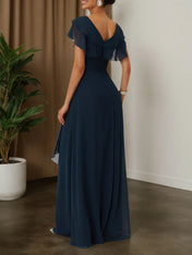 Purplish blue Ruffled Rhinestones Chiffon V Neck Short Sleeve A-Line Maxi Mother of the Bride or Groom Dress