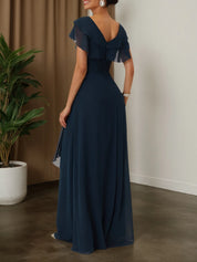 Purplish blue Ruffled Rhinestones Chiffon V Neck Short Sleeve A-Line Maxi Mother of the Bride or Groom Dress