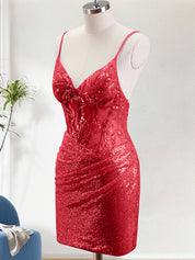 Red Spaghetti Straps Beaded Lace Applique Homecoming Dress