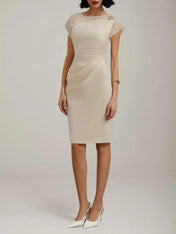 White Imitation Pearls Satin Boat Neck Cap Sleeve Sheath Midi Dress