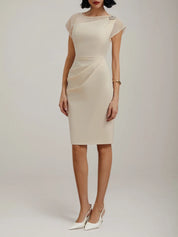 White Imitation Pearls Satin Boat Neck Cap Sleeve Sheath Midi Dress
