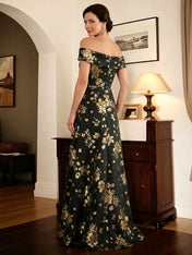 Elegant Black Off-The-Shoulder A-Line Mother of the Bride Dress with Gold Floral Jacquard