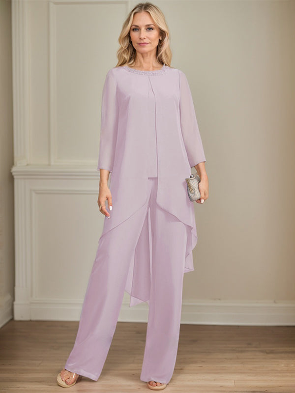 Separates Jumpsuit/Pantsuit Scoop Floor-Length Chiffon Mother of the Bride Dress With Sequins Beading