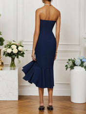 Dark Blue 3D Floral Strapless Mermaid Midi Dress