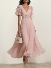 A Line Pink Chiffon V Neck Rhinestone Ruffle Sleeve Ankle Length Dress