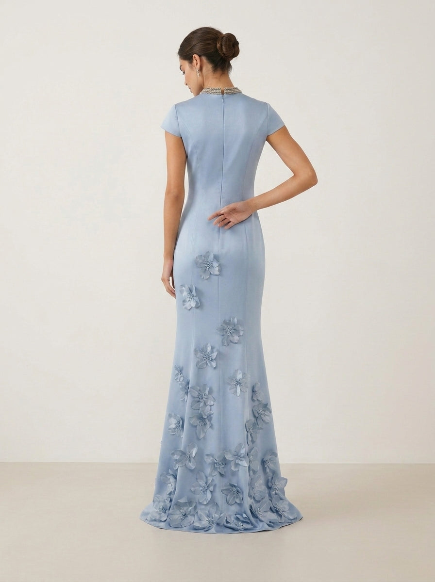 Pearl Beaded High-Neck Satin Floor-Length Evening Dresses with Cap Sleeves and 3D Flowers