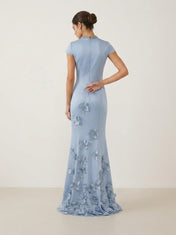 Pearl Beaded High-Neck Satin Floor-Length Evening Dresses with Cap Sleeves and 3D Flowers