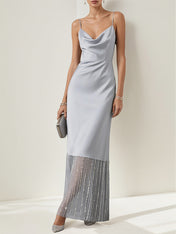 A Line Silver Satin Spaghetti Straps Sleeveless Floor Length Dress With Sequins