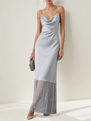A Line Silver Satin Spaghetti Straps Sleeveless Floor Length Dress With Sequins