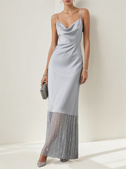 A Line Silver Satin Spaghetti Straps Sleeveless Floor Length Dress With Sequins