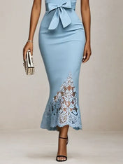 Light Blue Bow Lace Sweetheart Neckline Mermaid Maxi Dress