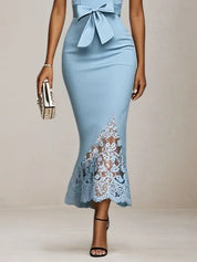 Light Blue Bow Lace Sweetheart Neckline Mermaid Maxi Dress