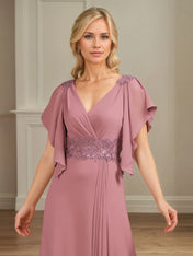 A Line V Neck Appliqued Floor Length Mother of the Bride Dress with Ruffles