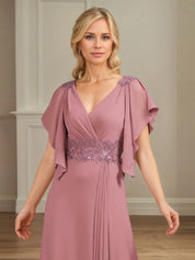 A Line V Neck Appliqued Floor Length Mother of the Bride Dress with Ruffles
