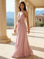 Dusty Pink Halter V-Neck Maxi Dress with 3D Flower Ruffle Chiffon Gown
