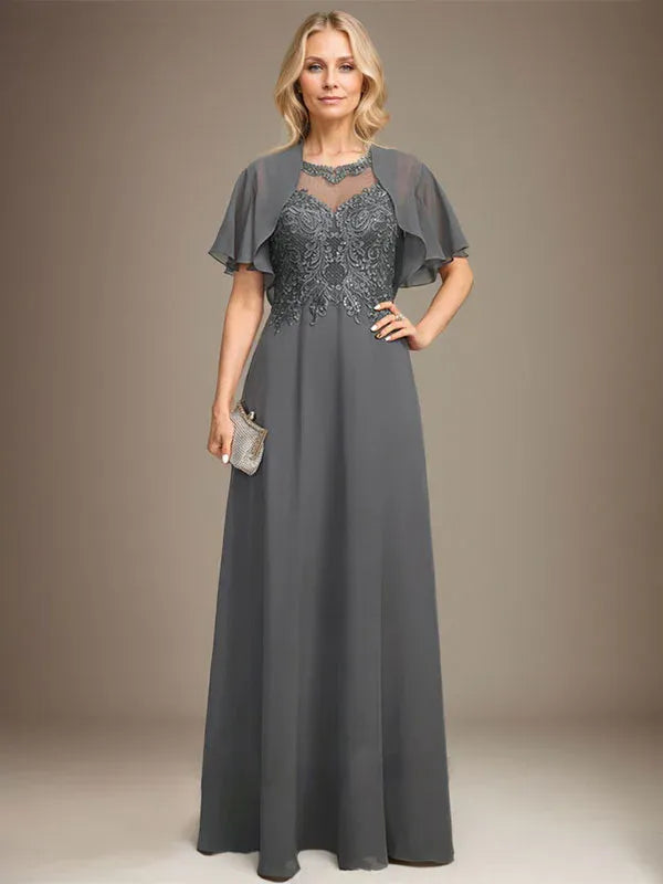 Robe de mère de la mariée trapèze en mousseline de soie et dentelle, longueur au sol, avec décolleté en V et paillettes 