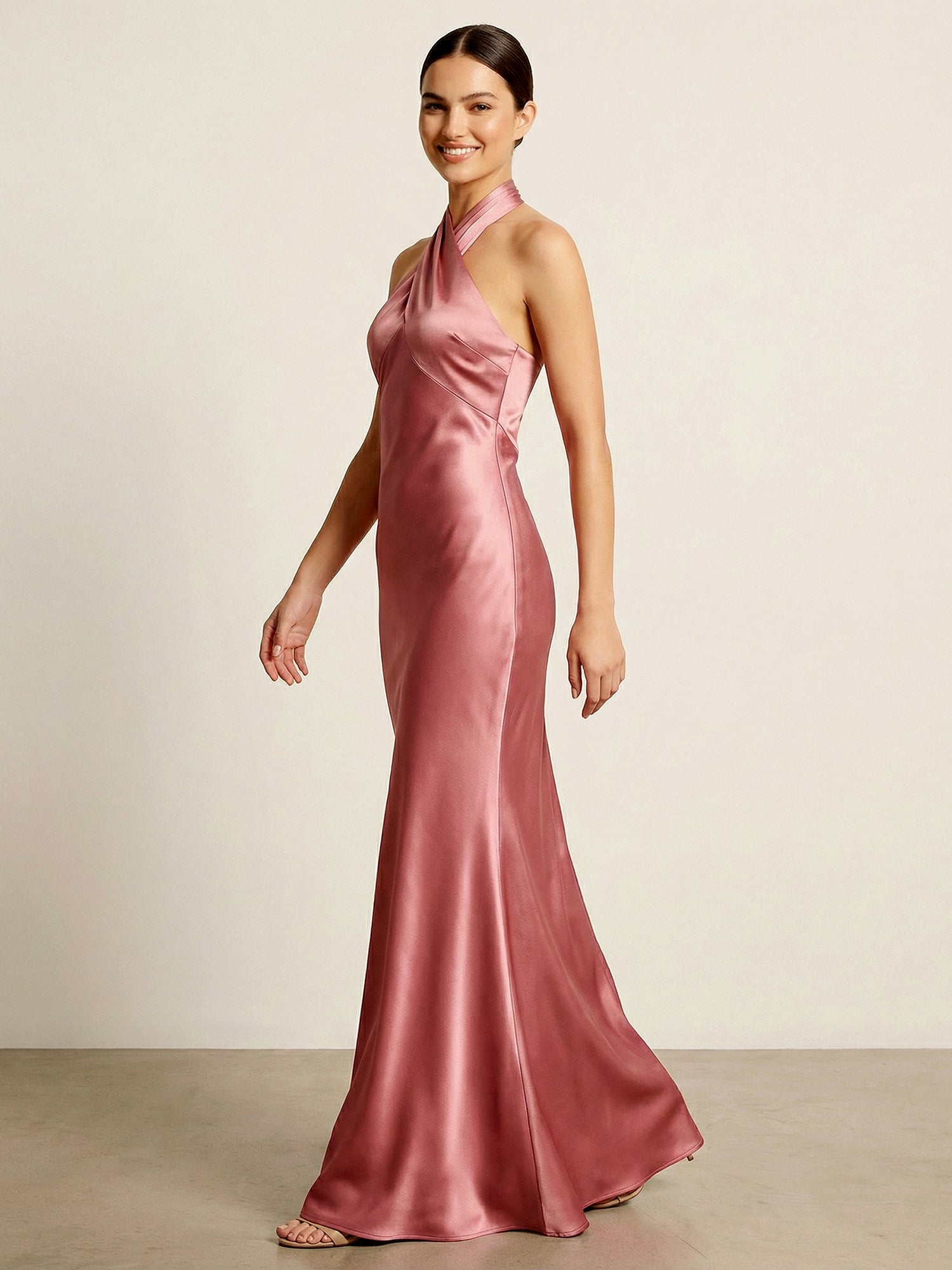 Halter Neck Satin Maxi Dresses Mermaid Backless Formal Dress