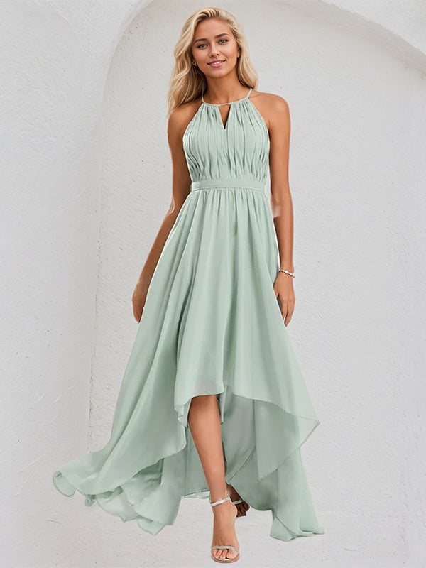Dreamylily Women Agave Chiffon A Line Halter Neck Sleeveless Asymmetrical Bridesmaid Dress With Ruffle