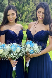 Indigo Lace Off-the-Shoulder A-Line Long Bridesmaid Dress