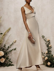 Apricot V Neck Sleeveless Slit Sheath Satin Dress