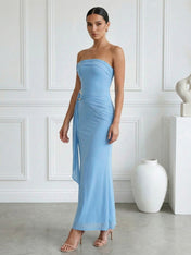 Light Blue Strapless Mermaid Tea Length Maxi Dress with Pleat