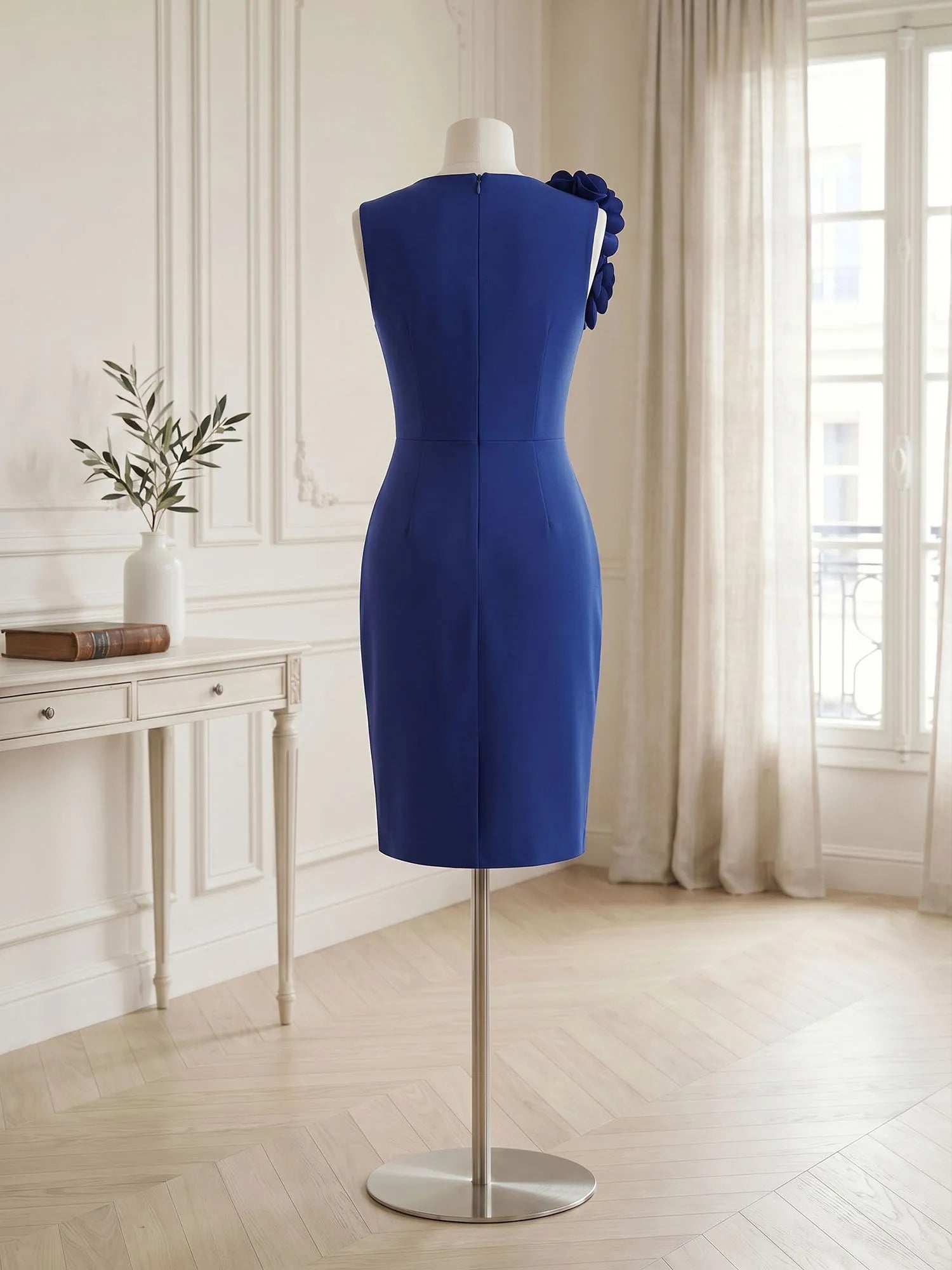 Sleeveless Sweetheart Neckline Bodycon Midi Dress with 3D Floral Shoulder Detail