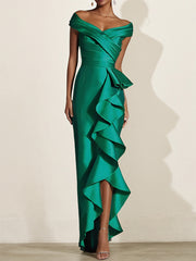 Green Satin Off The Shoulder Short Sleeve Asymmetrical Length Dress With Ruffles