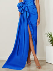 Blue Ruched V Neck Dresses Sleeveless A-Line Gown