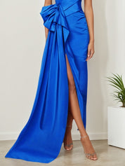 Blue Ruched V Neck Dresses Sleeveless A-Line Gown