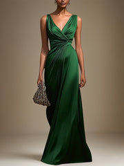 Green Satin V Neck Sleeveless Floor Length Formal Dress With Pleated