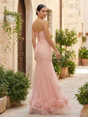 Pink Sweetheart Evening Dress with 3D Flower Mermaid Maxi Dress