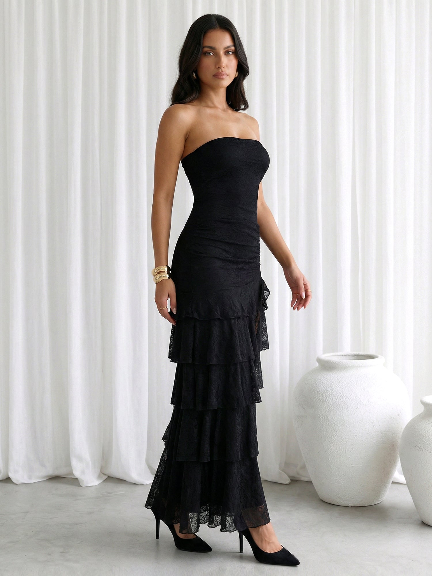 Black Strapless Chiffon Tiered Maxi Dress with Slit