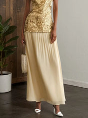 Golden Jacquard Split Joint Classic Off The Shoulder Short Sleeve A-Line Maxi Dress
