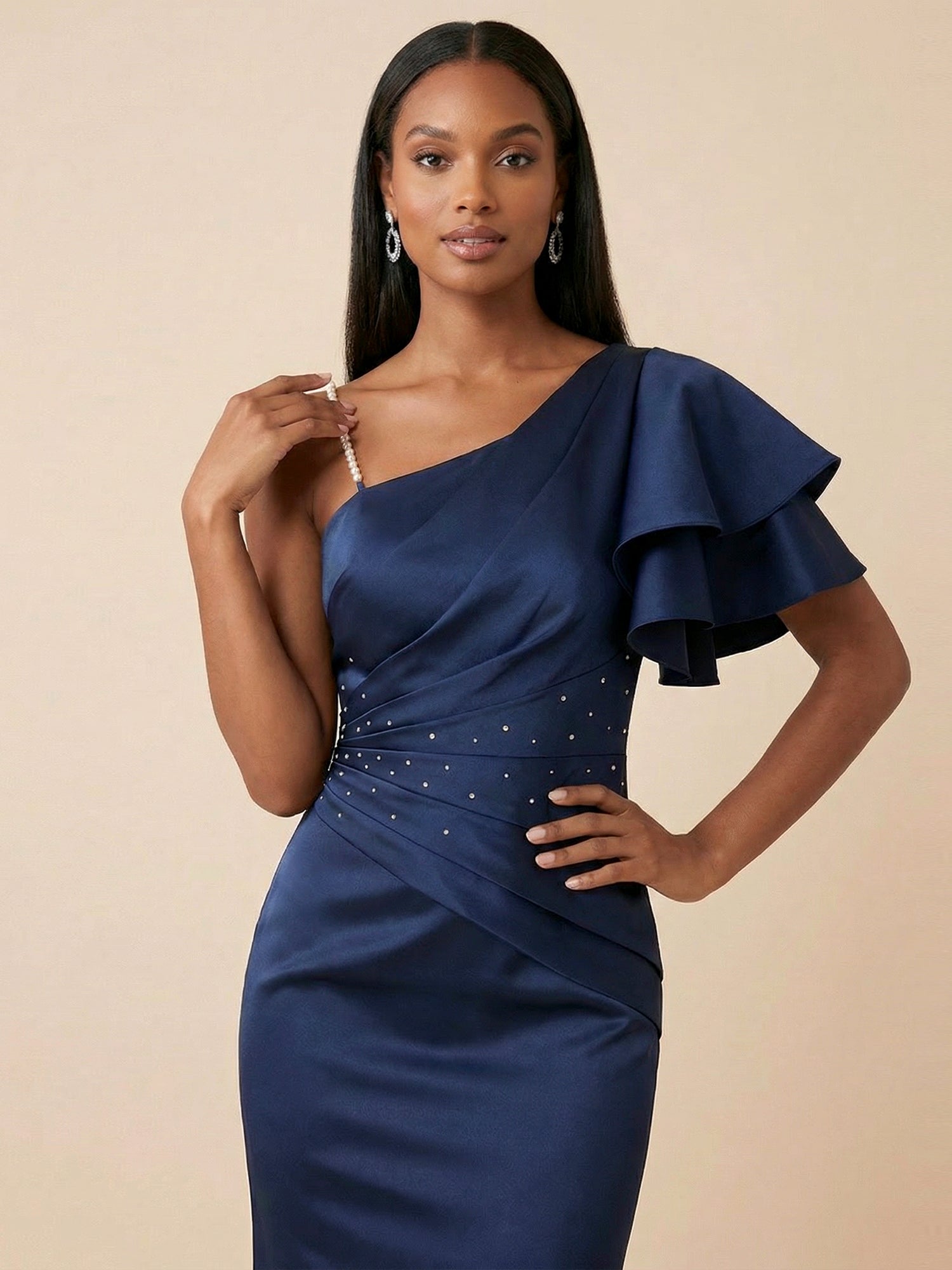 Navy Blue One Shoulder Pleated Maxi Gown with High Slit