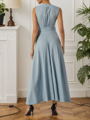 Light Blue Bow Lyocell Linen Wrap V Neck Sleeveless A-Line Maxi Dress