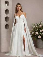 White A-Line Off The Shoulder Sleeveless Sequins Chiffon Wedding Dress