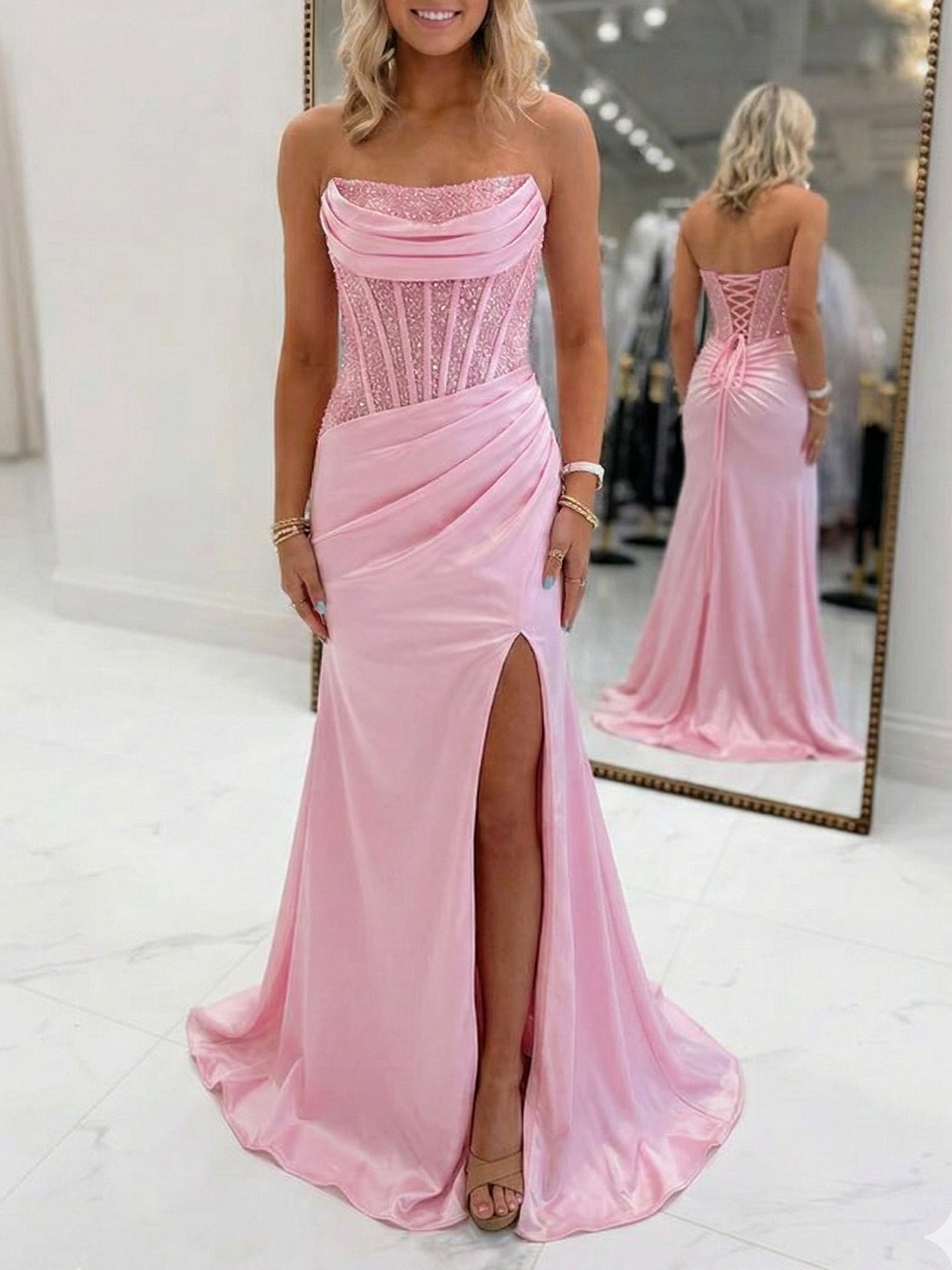 Bodycon Scoop Neck Satin Long Prom Dress with Slit