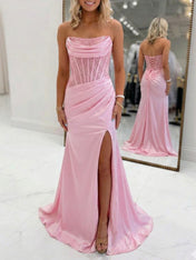 Bodycon Scoop Neck Satin Long Prom Dress with Slit