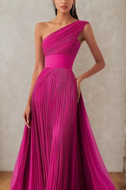 Prom Formal Pleated Dress Rose Color One-Shoulder Maxi Dress