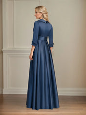 A-line V-Neck Collared Floor-Length Satin Mother of the Bride Dress With Beading 3D Floral Sequins Pleated