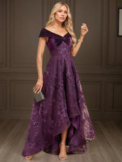 A-line Off the Shoulder Asymmetrical Velvet Lace Evening Dress With Pleated Sequins
