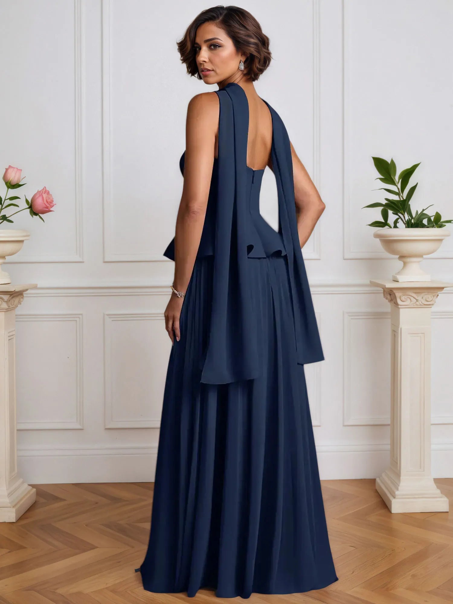 A-Line Off The Shoulder Sleeveless Pleated Chiffon Dress With Cascading Ruffles