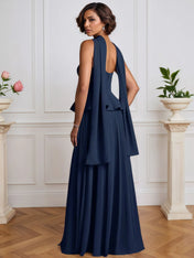 A-Line Off The Shoulder Sleeveless Pleated Chiffon Dress With Cascading Ruffles