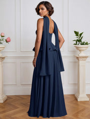A-Line Off The Shoulder Sleeveless Pleated Chiffon Dress With Cascading Ruffles