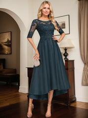Dark Navy A-line Boat Neck Illusion Asymmetrical Lace Satin Mother of the Bride Dress With Beading