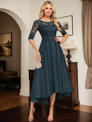 Dark Navy A-line Boat Neck Illusion Asymmetrical Lace Satin Mother of the Bride Dress With Beading